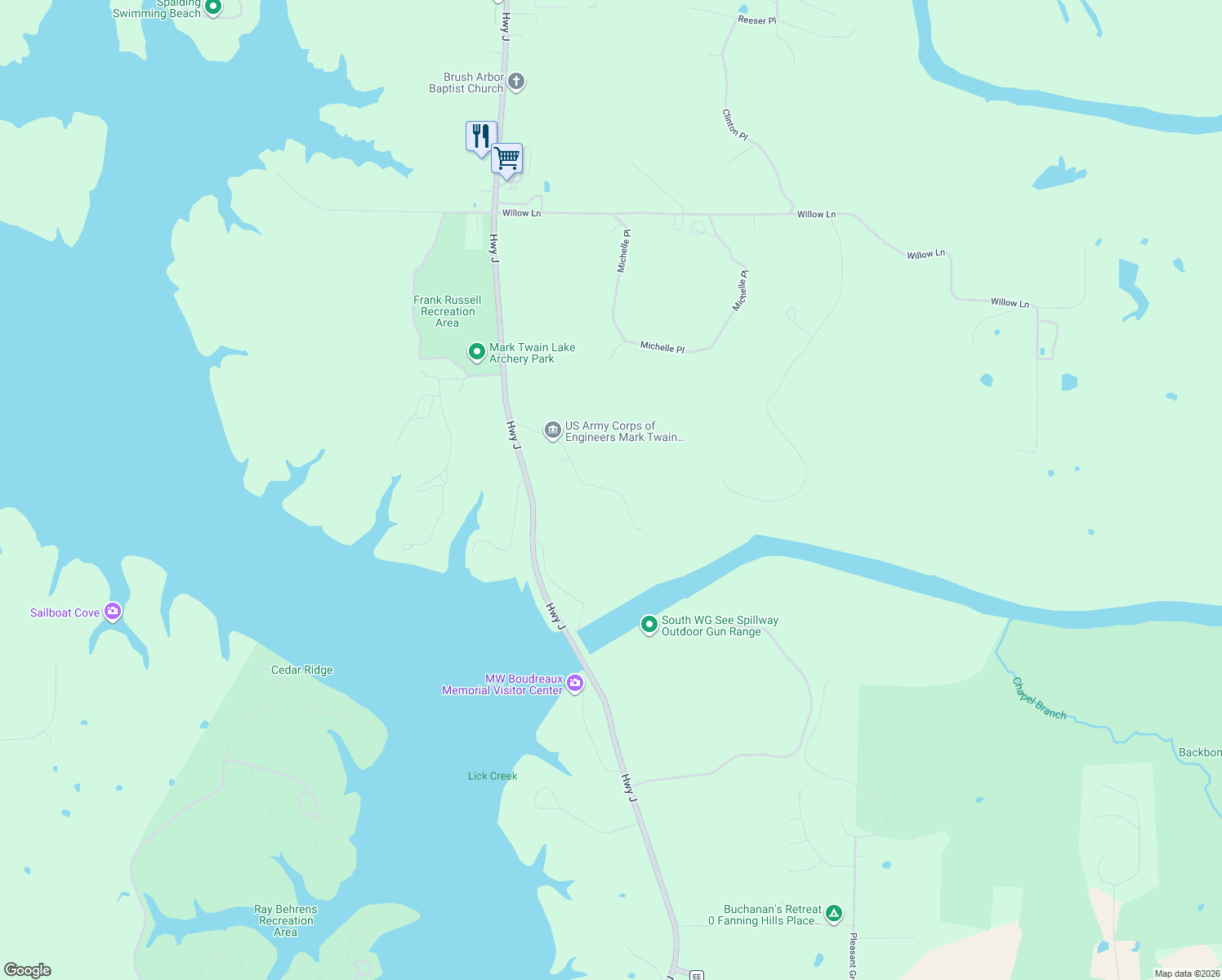 map of restaurants, bars, coffee shops, grocery stores, and more near Unnamed Road in Monroe City