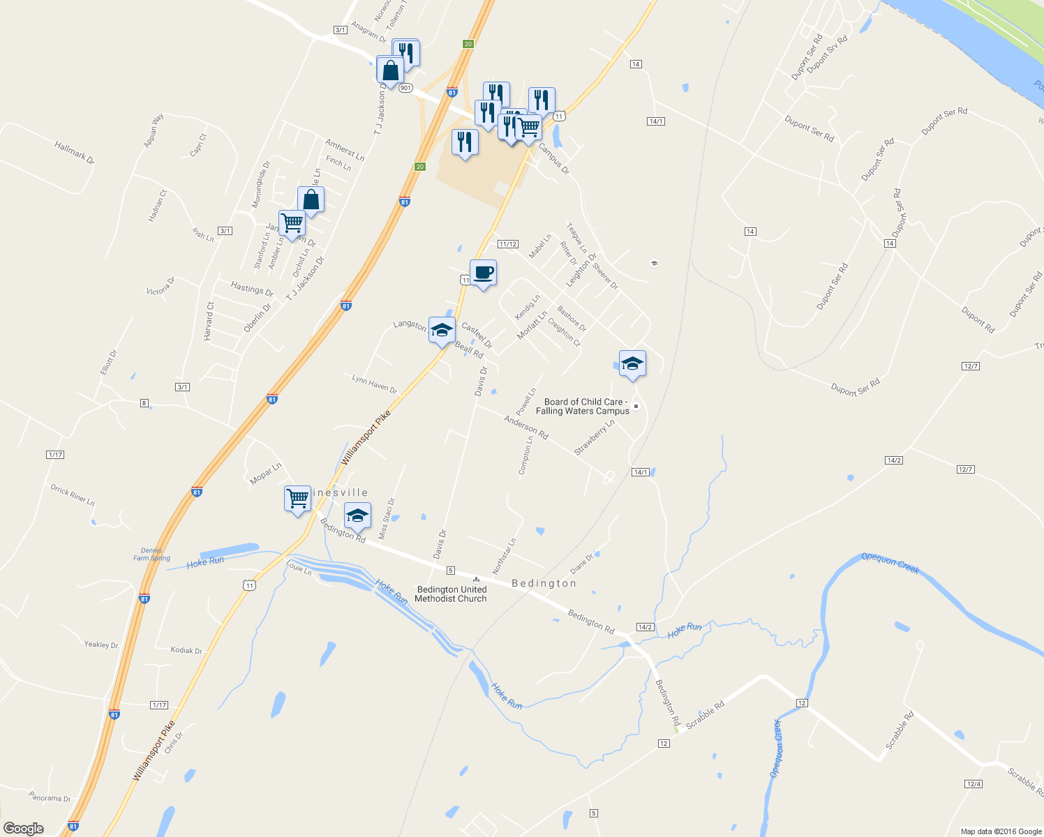 map of restaurants, bars, coffee shops, grocery stores, and more near 28 Powell Lane in Martinsburg