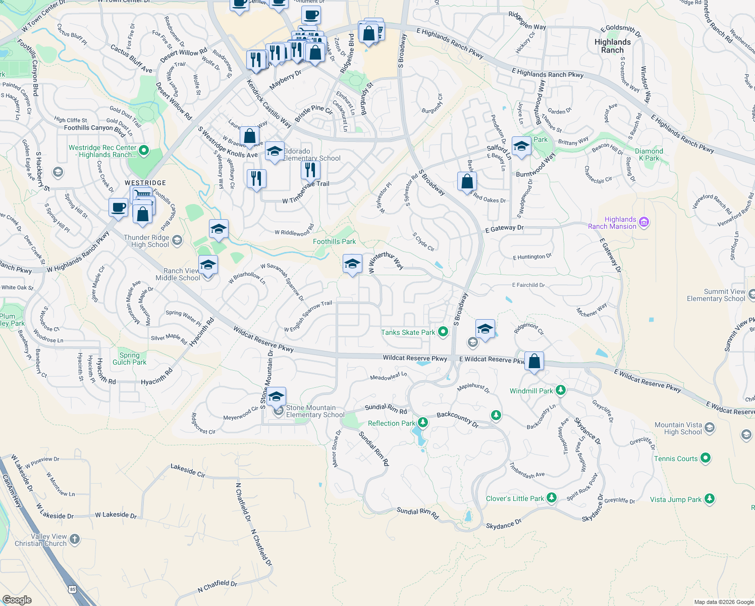 map of restaurants, bars, coffee shops, grocery stores, and more near 539 West Winterthur Way in Littleton