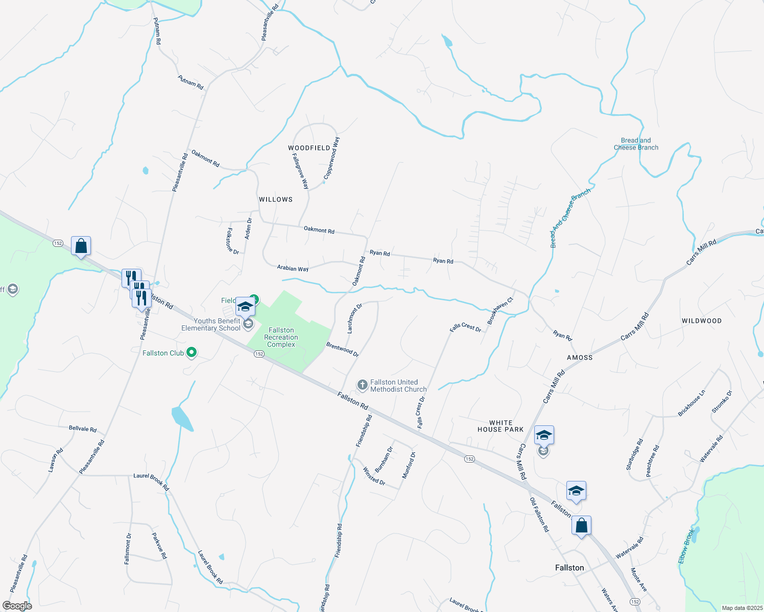 map of restaurants, bars, coffee shops, grocery stores, and more near 2201 Cloverdale Drive in Fallston