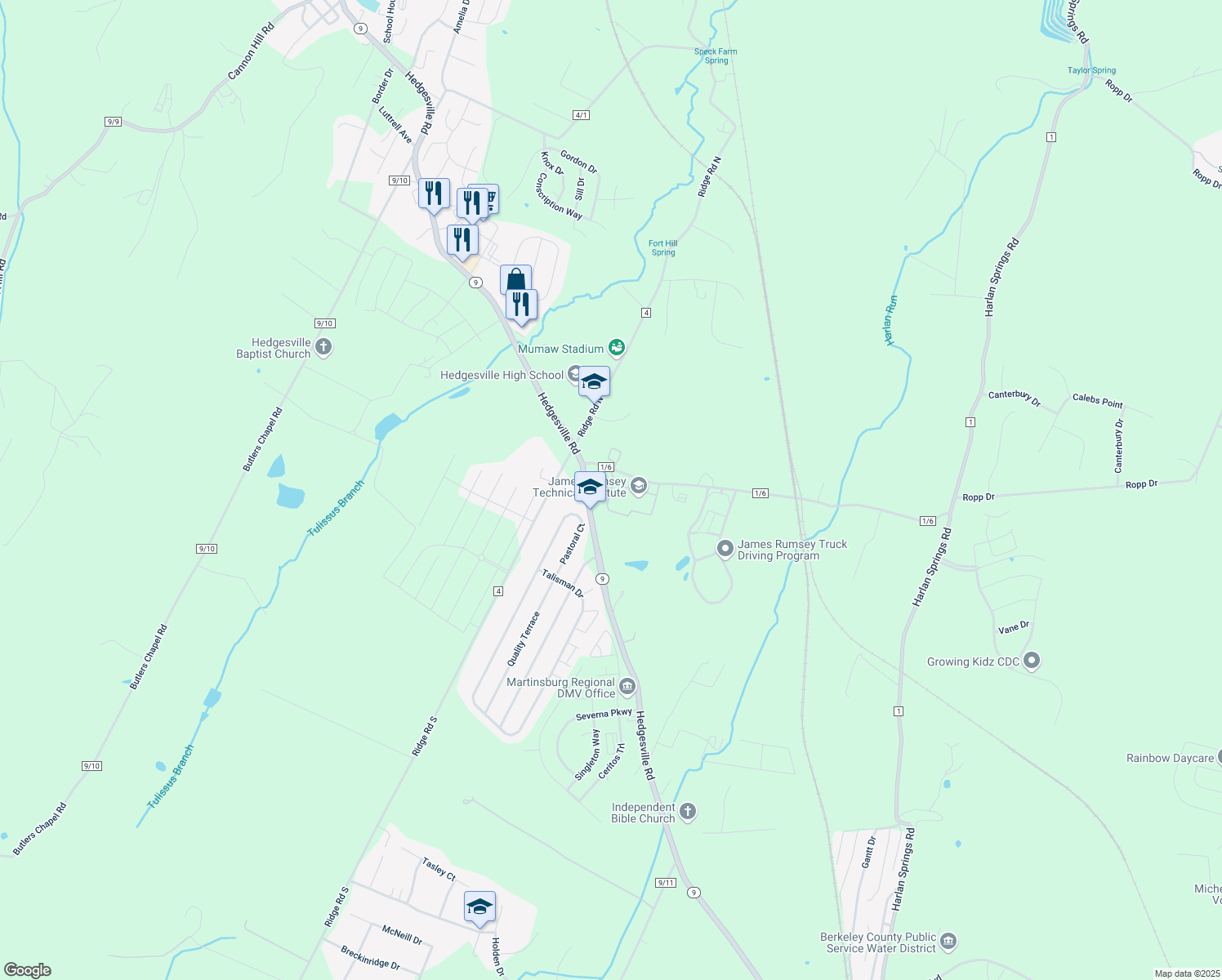 map of restaurants, bars, coffee shops, grocery stores, and more near Rumsey Terrace Road in Martinsburg