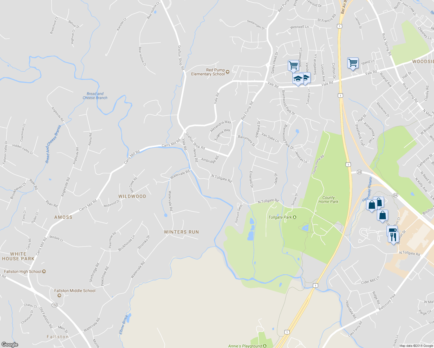 map of restaurants, bars, coffee shops, grocery stores, and more near 1203 North Tollgate Road in Bel Air
