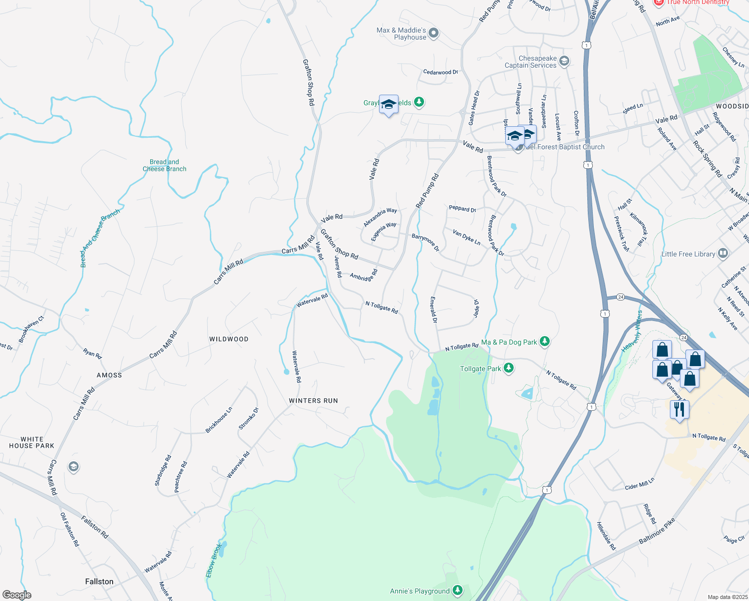 map of restaurants, bars, coffee shops, grocery stores, and more near 1203 North Tollgate Road in Bel Air