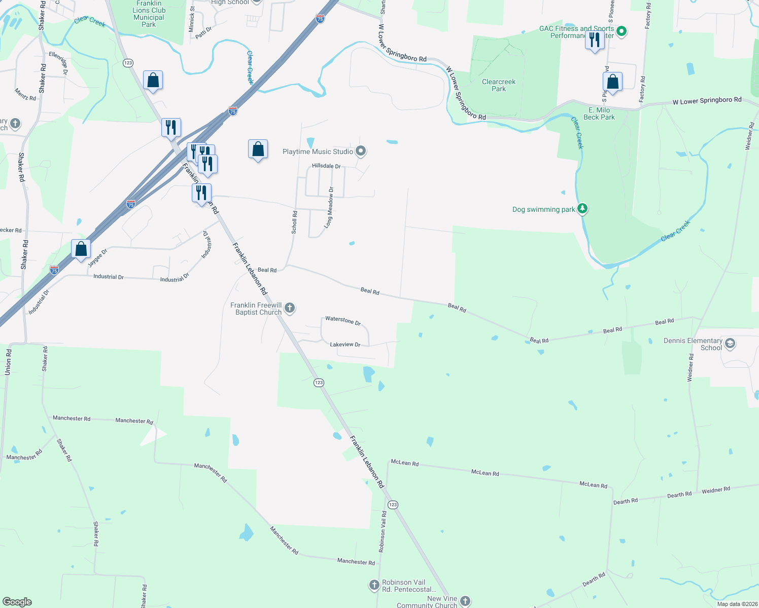 map of restaurants, bars, coffee shops, grocery stores, and more near 4175 Beal Rd in Franklin