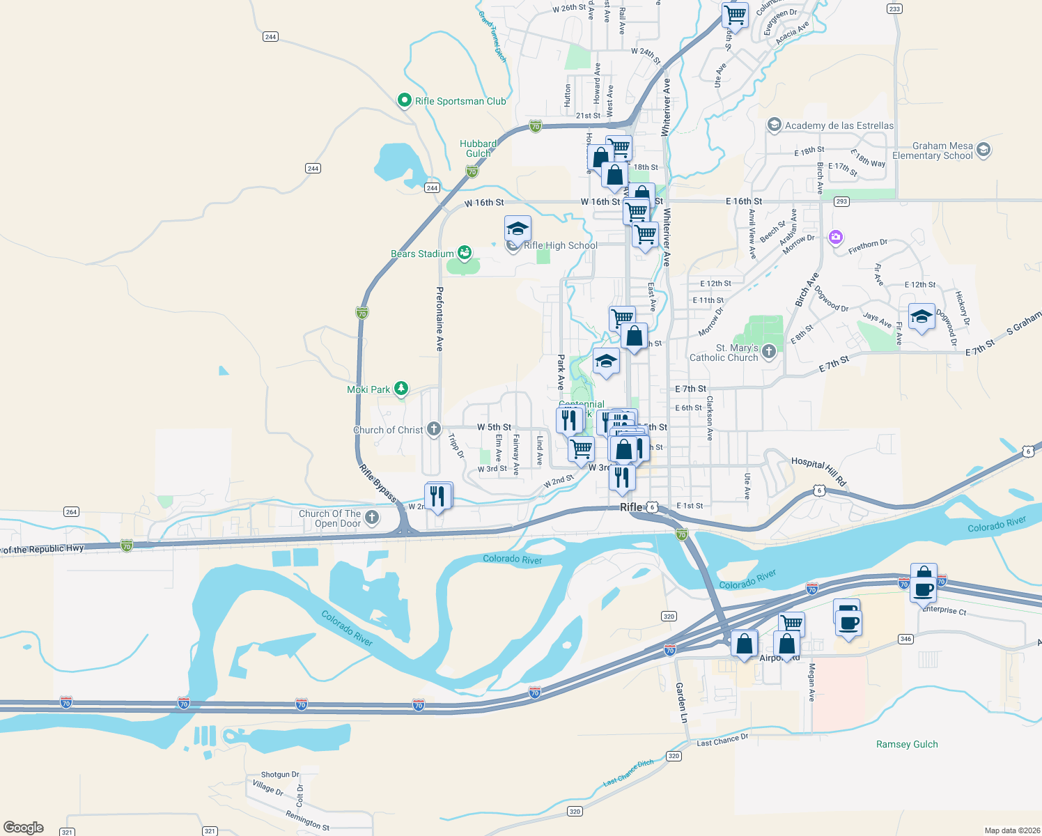 map of restaurants, bars, coffee shops, grocery stores, and more near 520 Fairway Ave in Rifle