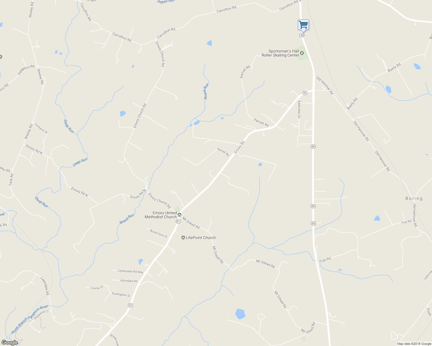 map of restaurants, bars, coffee shops, grocery stores, and more near 5802 Emory Road in Upperco