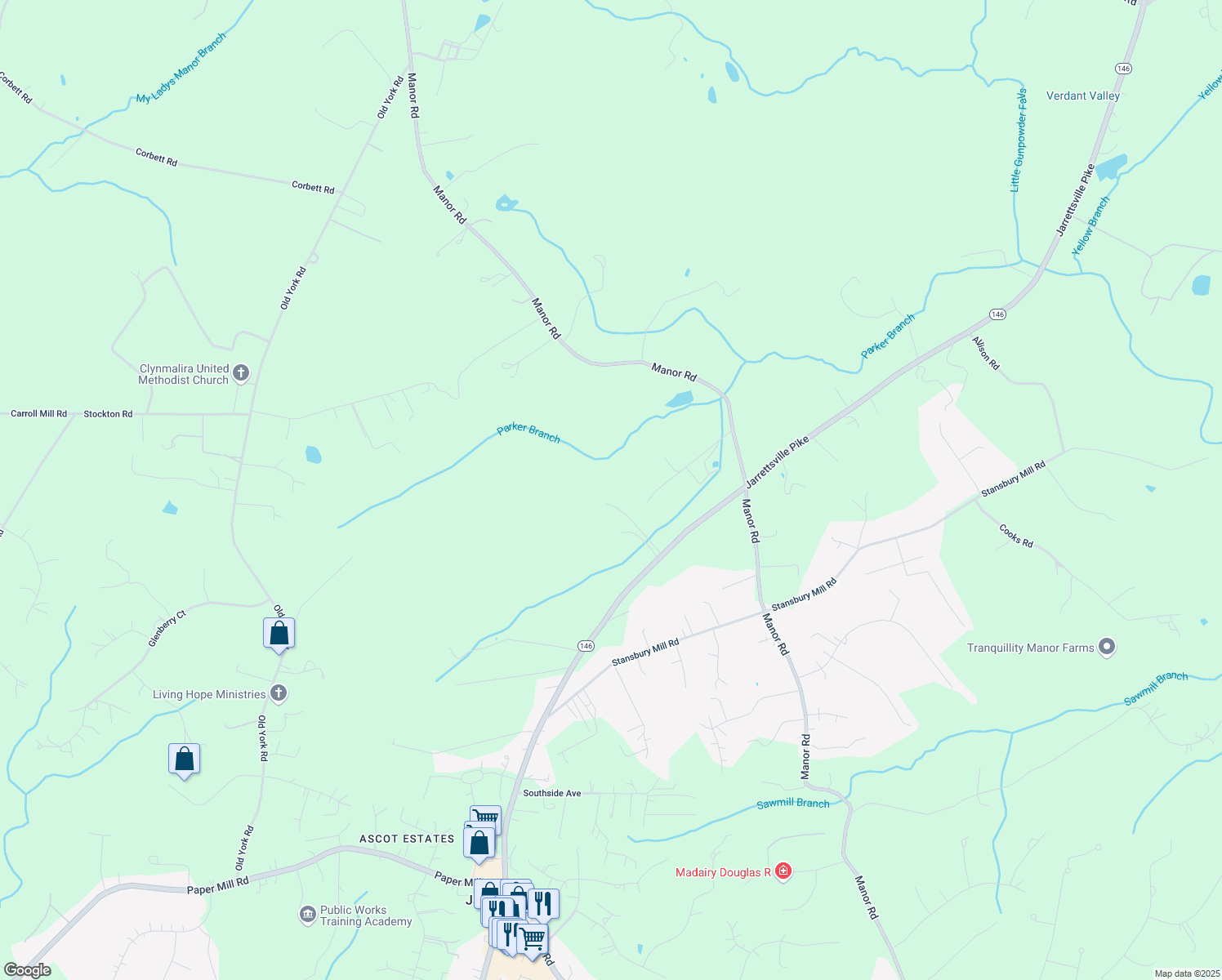 map of restaurants, bars, coffee shops, grocery stores, and more near 14824 Jarrettsville Pike in Monkton