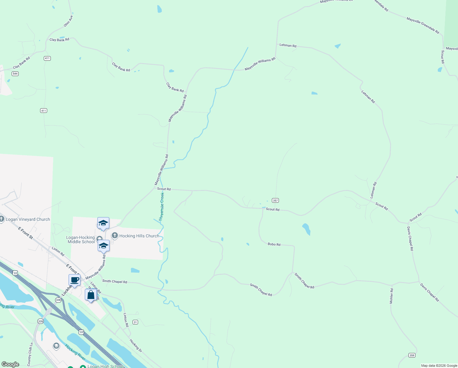 map of restaurants, bars, coffee shops, grocery stores, and more near 35838 Scout Road in Logan