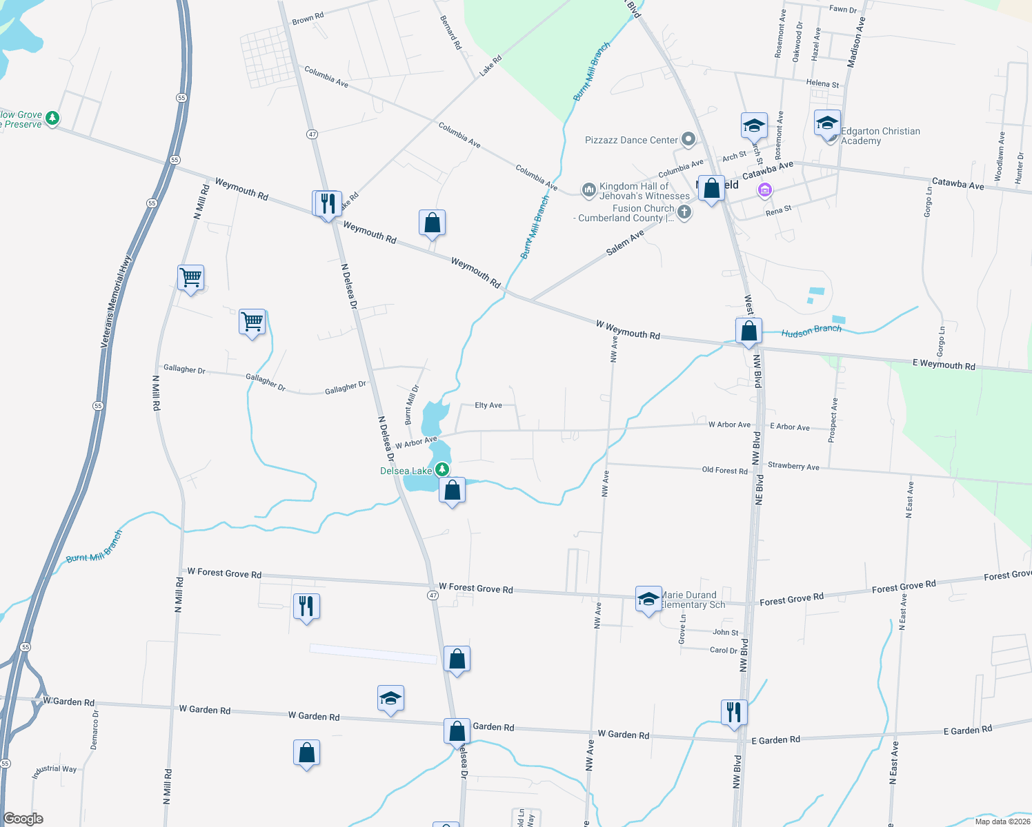 map of restaurants, bars, coffee shops, grocery stores, and more near 829 Bruun Avenue in Vineland