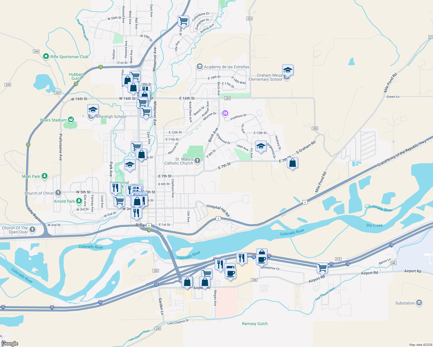 map of restaurants, bars, coffee shops, grocery stores, and more near 506 County Road 294 in Rifle