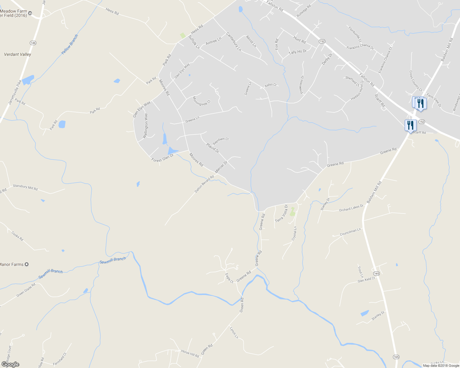 map of restaurants, bars, coffee shops, grocery stores, and more near 2815 Moores Road in Baldwin