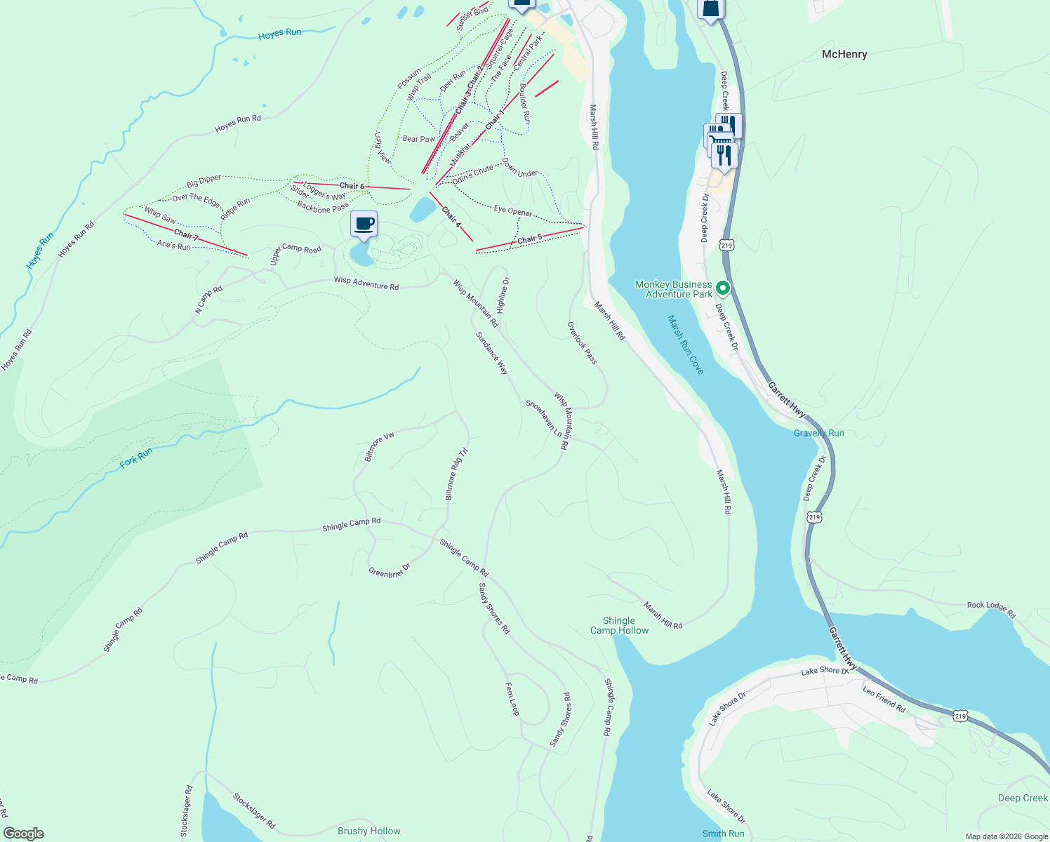 map of restaurants, bars, coffee shops, grocery stores, and more near 412 Upper Highline Drive in McHenry