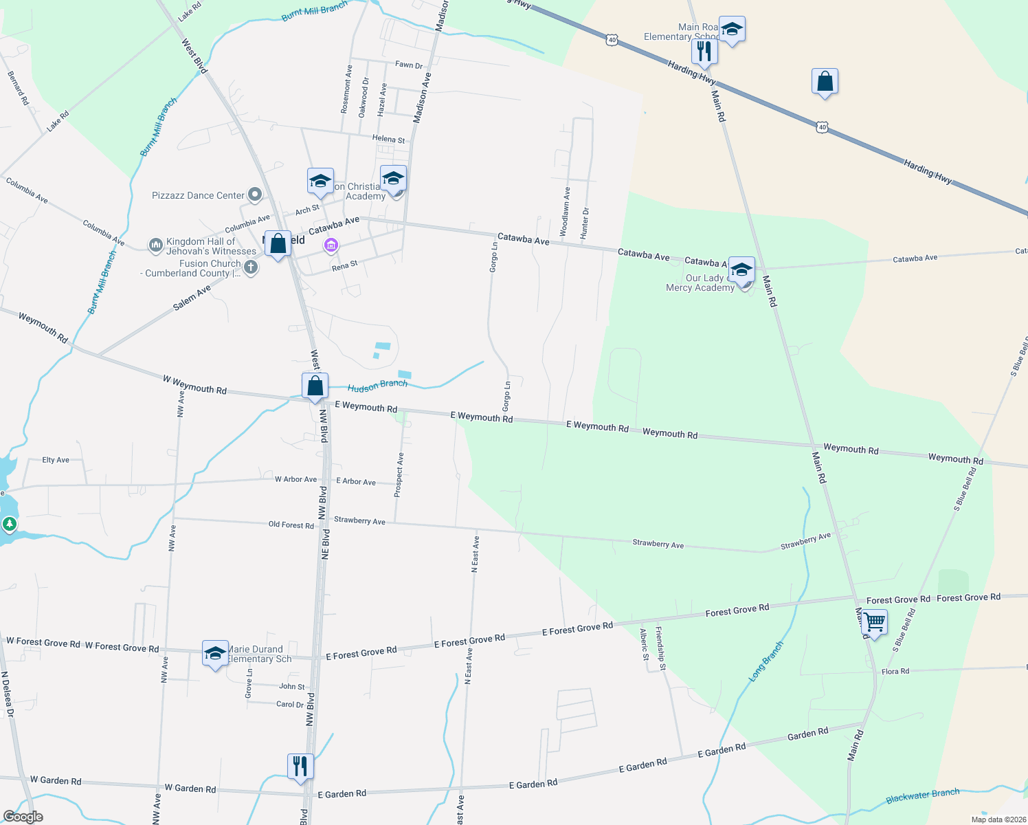 map of restaurants, bars, coffee shops, grocery stores, and more near 337 East Weymouth Road in Vineland