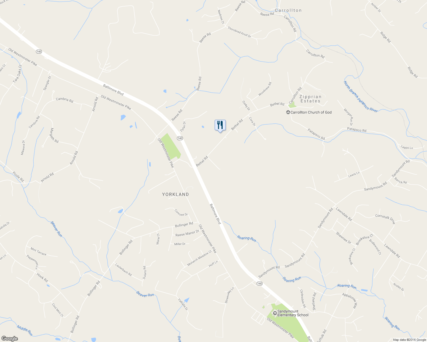 map of restaurants, bars, coffee shops, grocery stores, and more near 1256 Nursery Manor Rd in Carroll