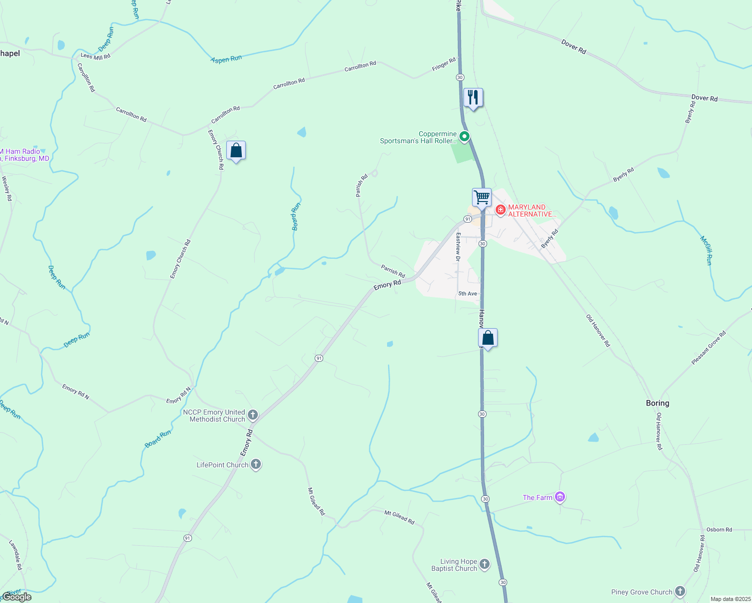 map of restaurants, bars, coffee shops, grocery stores, and more near 5625 Emory Road in Upperco