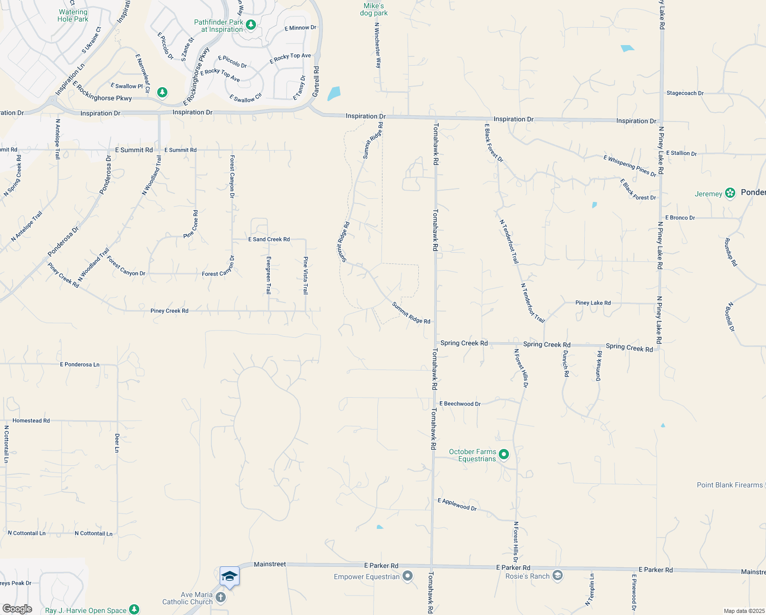 map of restaurants, bars, coffee shops, grocery stores, and more near 9684 Summit Ridge Place in Parker