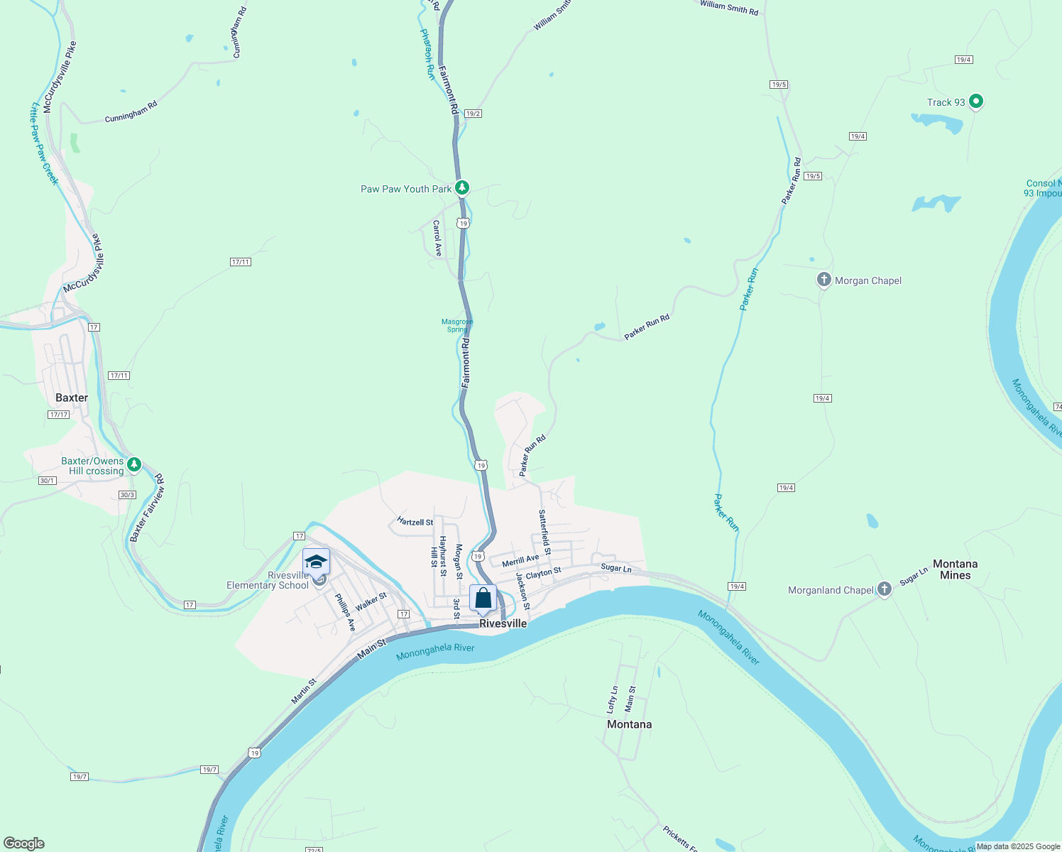 map of restaurants, bars, coffee shops, grocery stores, and more near 90 North View Avenue in Rivesville