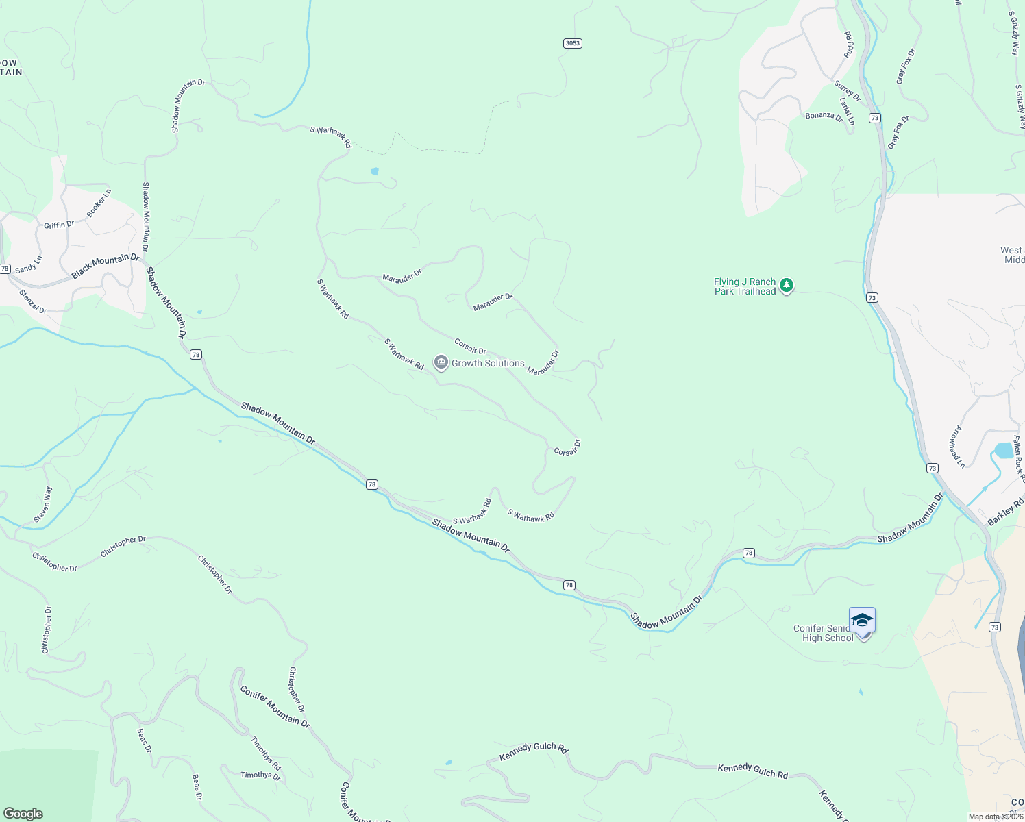 map of restaurants, bars, coffee shops, grocery stores, and more near 9801 South Warhawk Road in Conifer