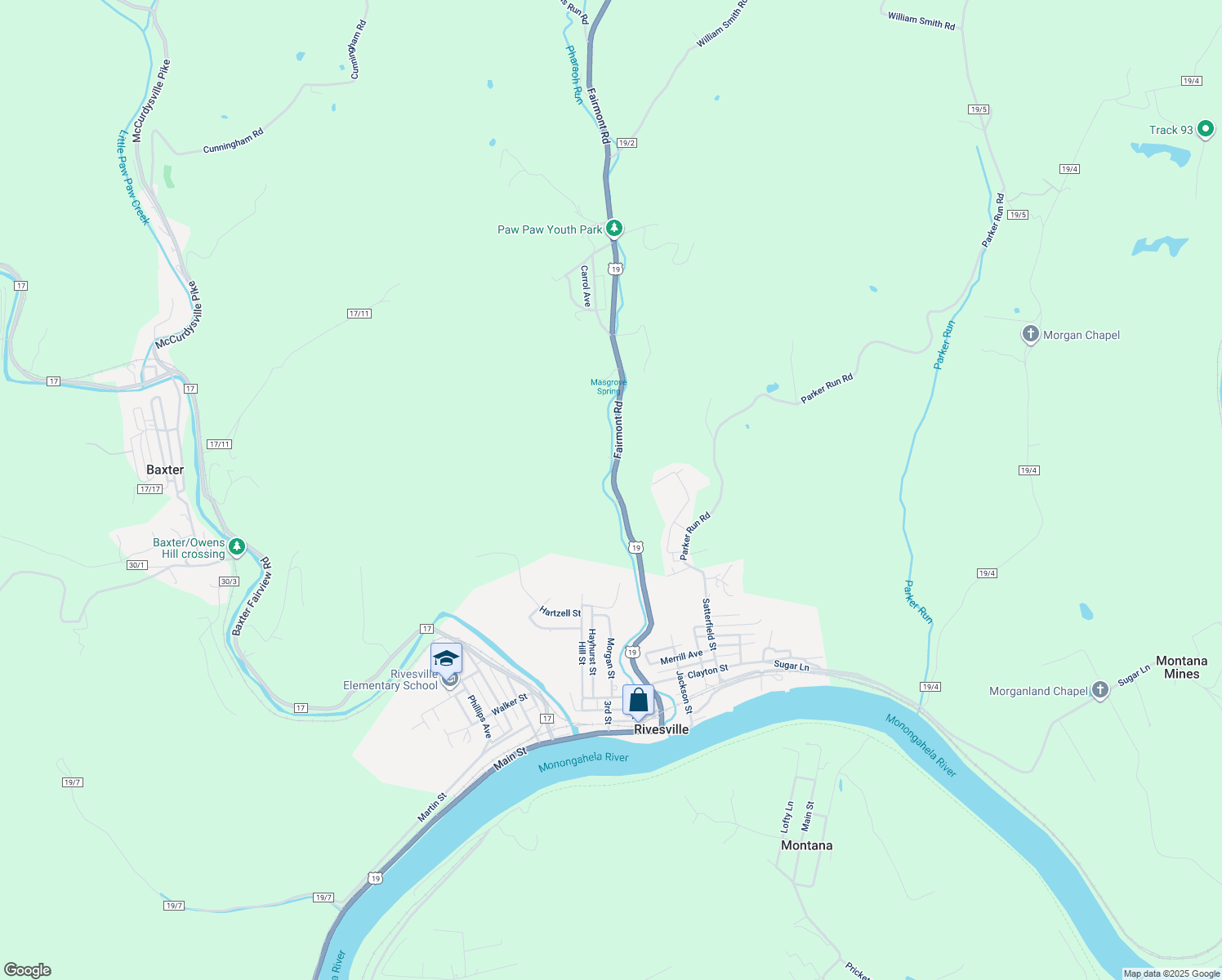 map of restaurants, bars, coffee shops, grocery stores, and more near U.S. 19 in Rivesville