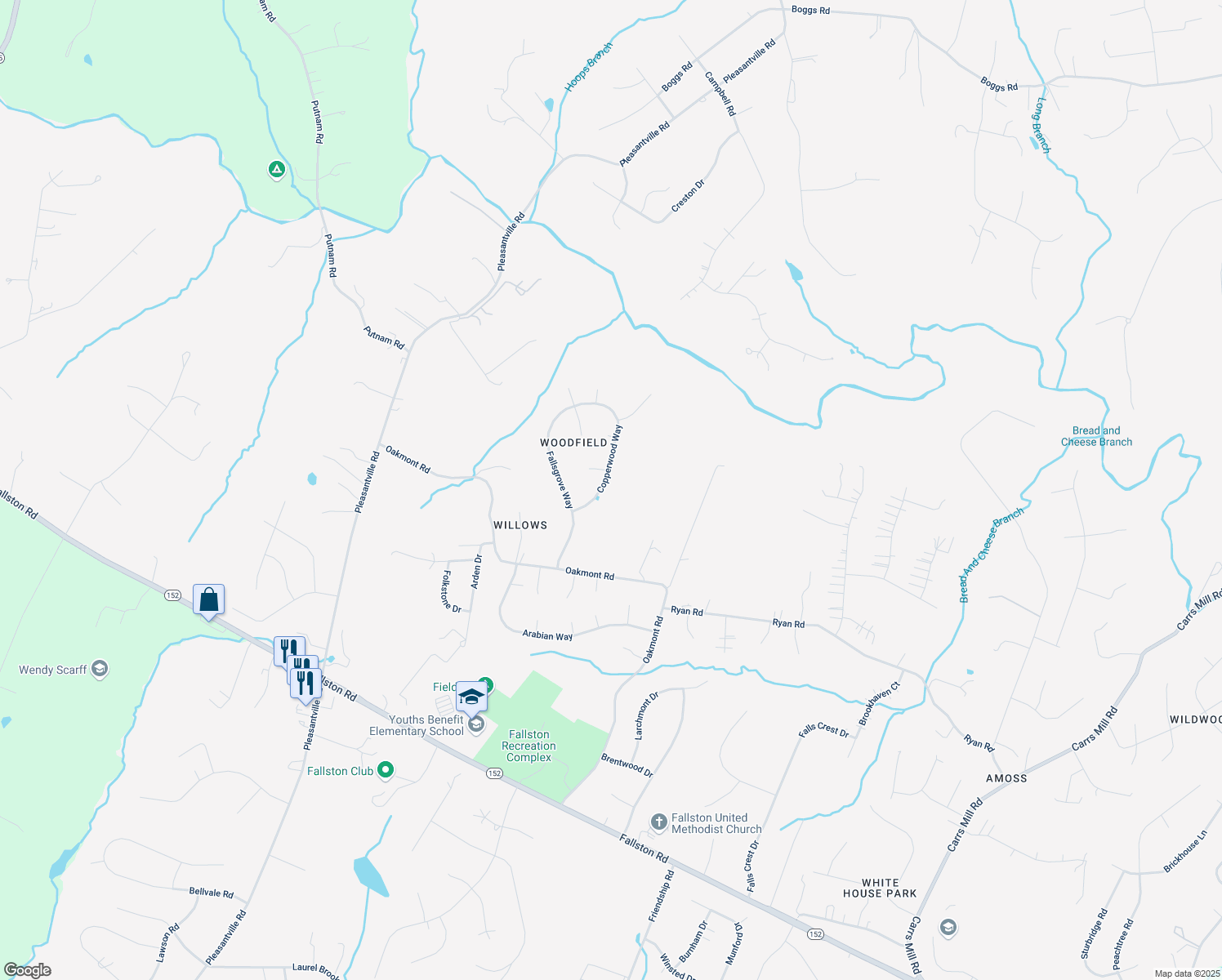 map of restaurants, bars, coffee shops, grocery stores, and more near 2017 Copperwood Way in Fallston