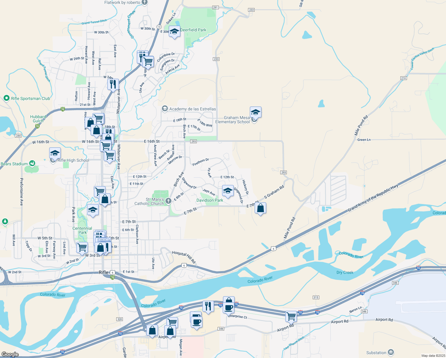map of restaurants, bars, coffee shops, grocery stores, and more near 1509 East 12th Street in Rifle