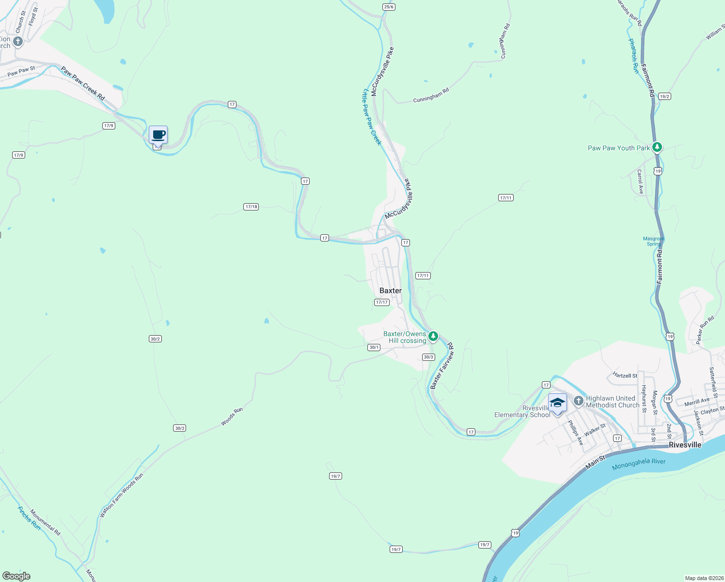 map of restaurants, bars, coffee shops, grocery stores, and more near 126 Main Street in Rivesville