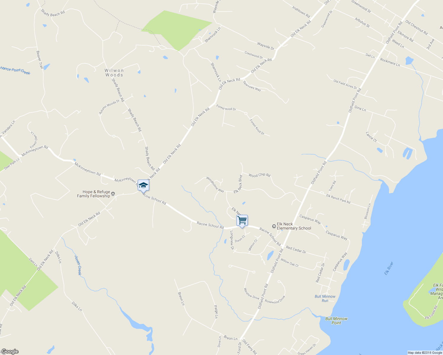 map of restaurants, bars, coffee shops, grocery stores, and more near 26 Ground Pine Path in Elkton