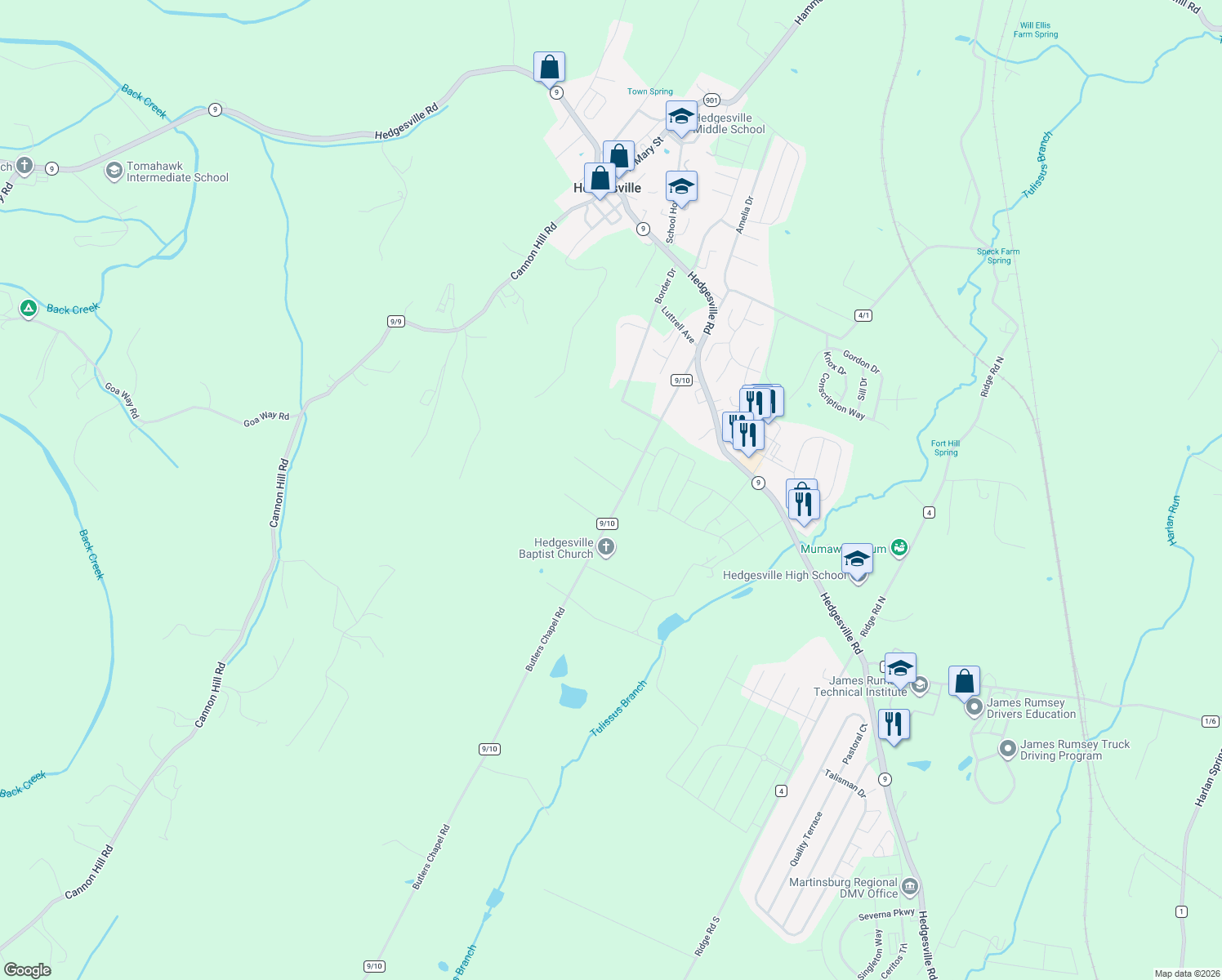 map of restaurants, bars, coffee shops, grocery stores, and more near 2849 Butlers Chapel Road in Martinsburg