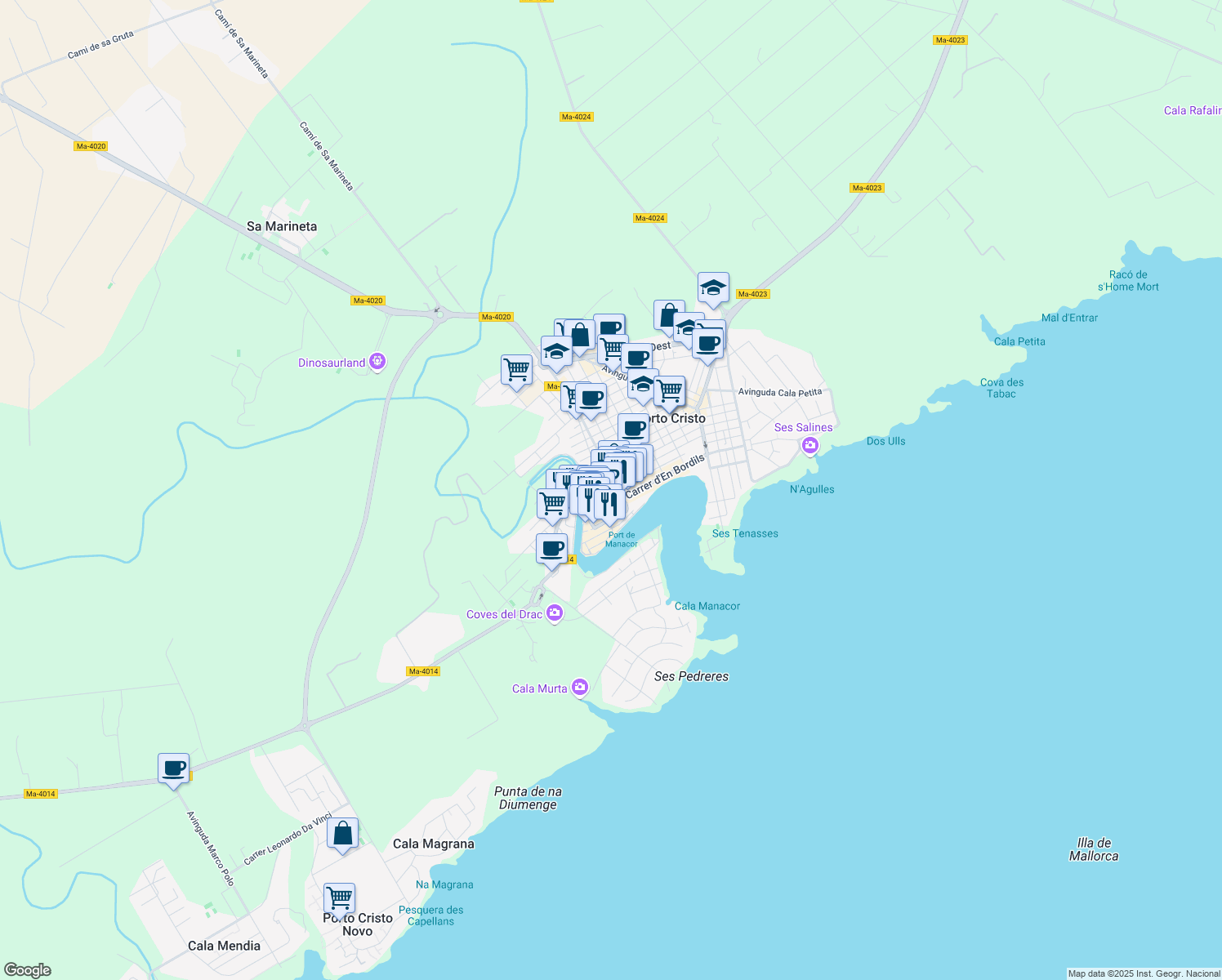 map of restaurants, bars, coffee shops, grocery stores, and more near 12 Carrer d'en Sanglada in Porto Cristo