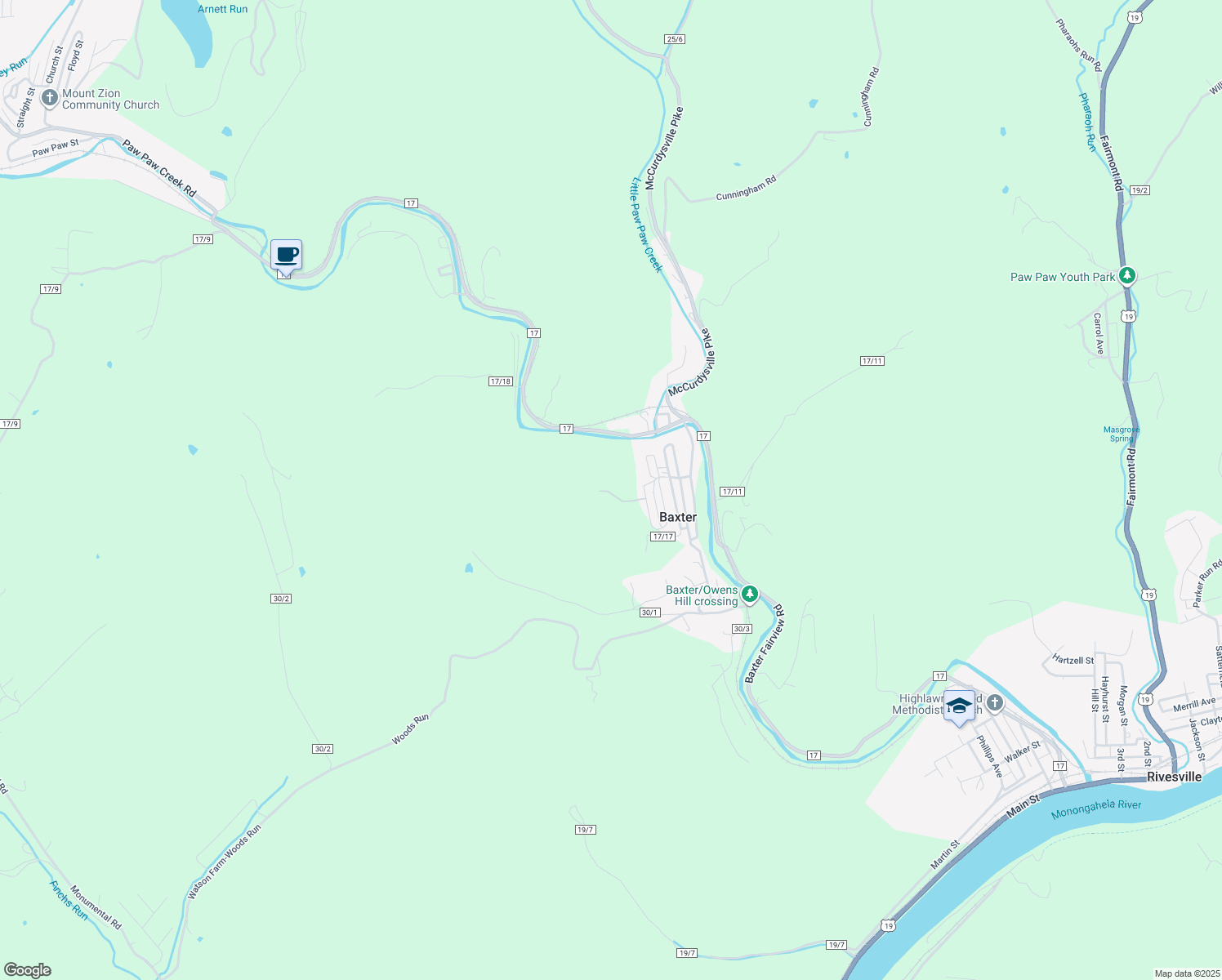 map of restaurants, bars, coffee shops, grocery stores, and more near in Baxter