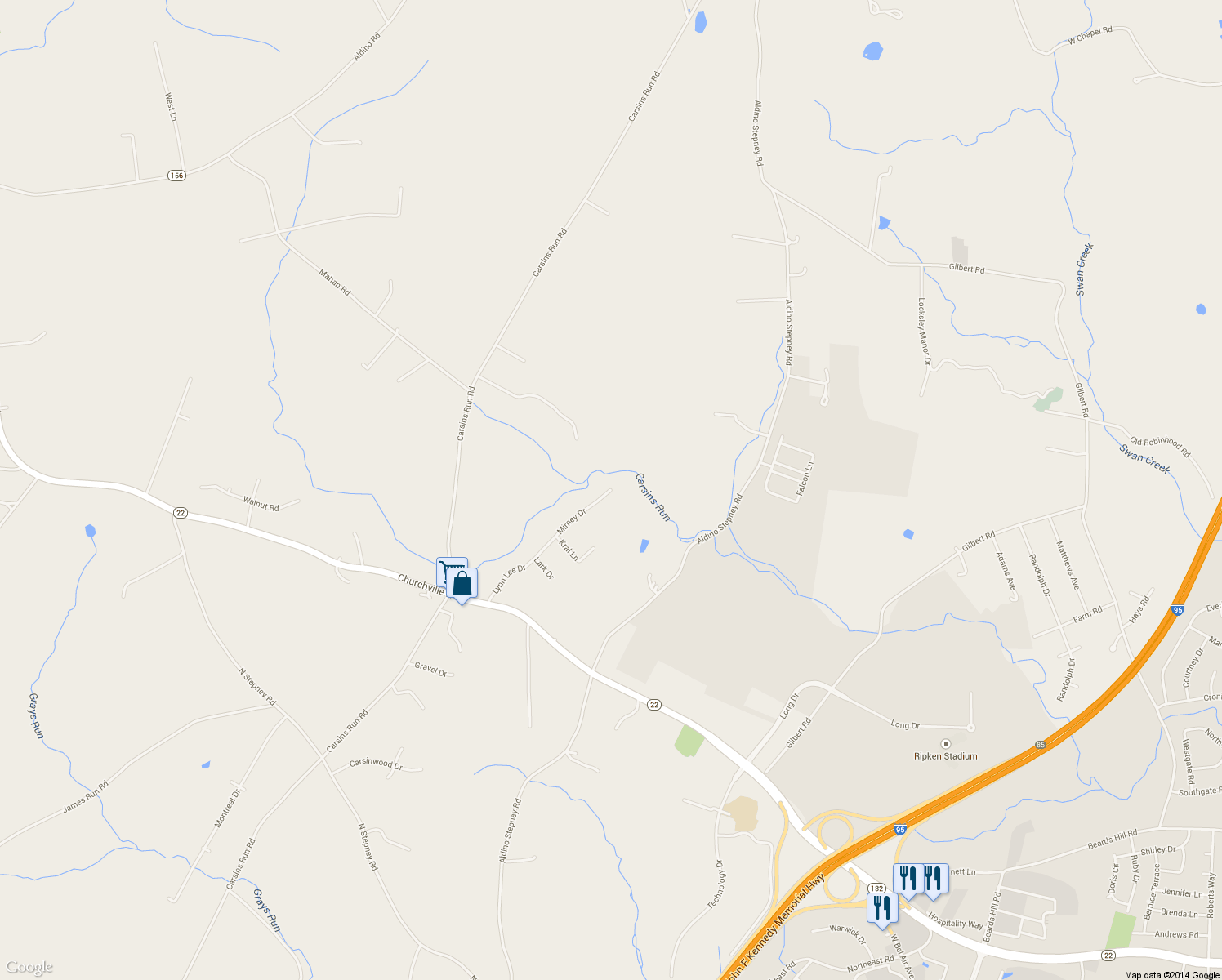 map of restaurants, bars, coffee shops, grocery stores, and more near 799 Lynn Lee Drive in Aberdeen