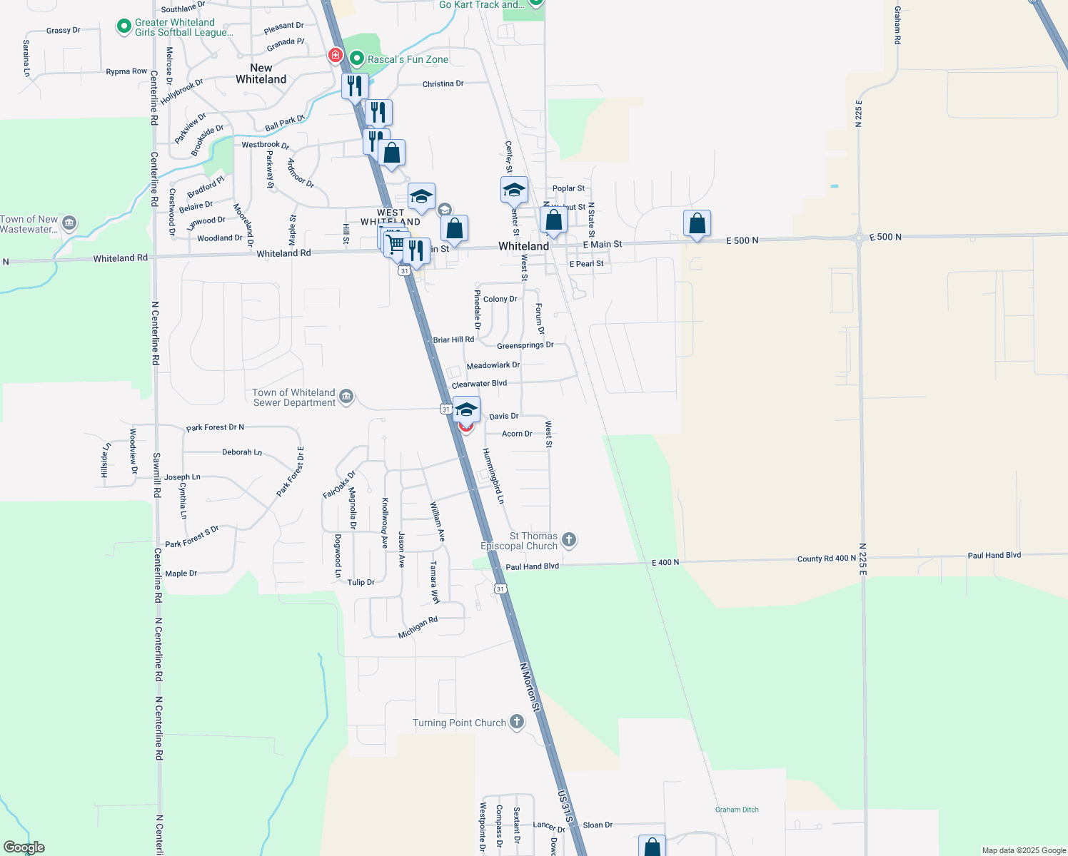 map of restaurants, bars, coffee shops, grocery stores, and more near 522 Acorn Dr in Whiteland
