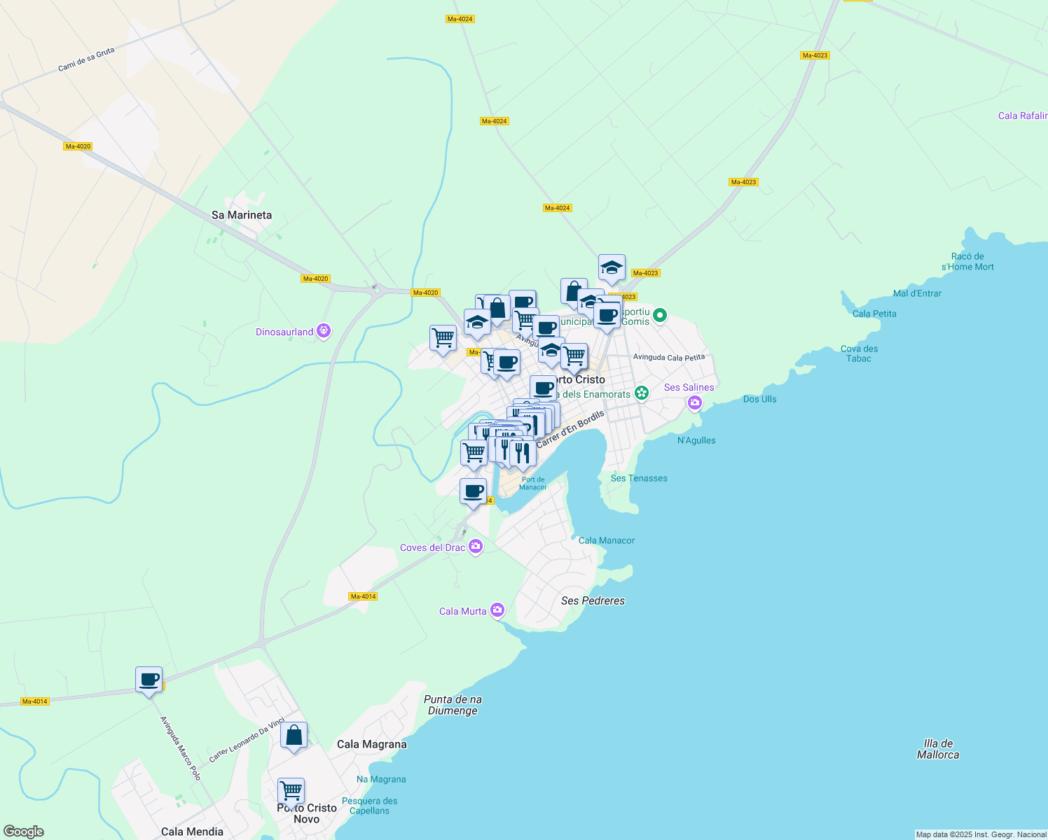 map of restaurants, bars, coffee shops, grocery stores, and more near 12 Carrer d'en Sanglada in Porto Cristo