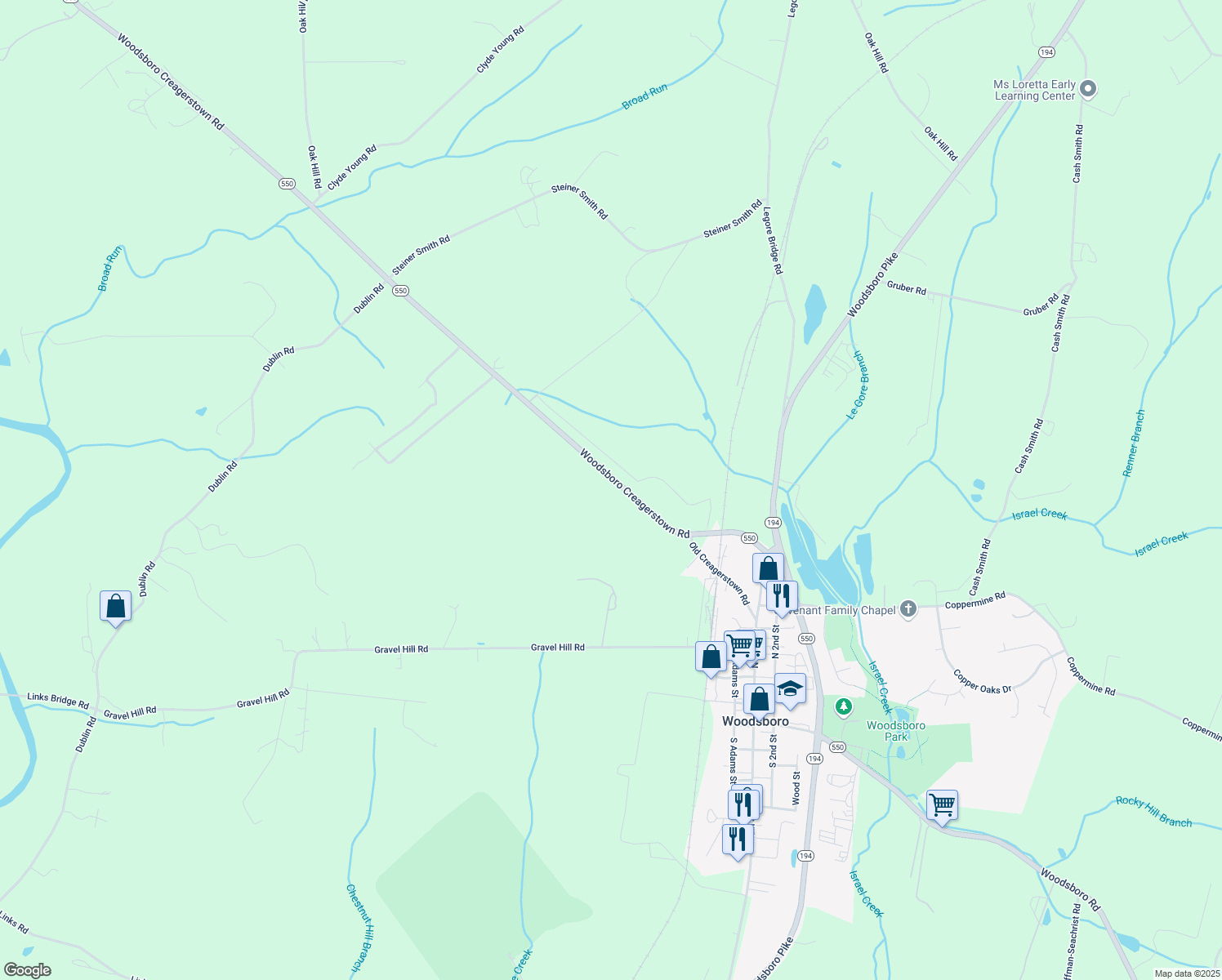 map of restaurants, bars, coffee shops, grocery stores, and more near 11244 Woodsboro Creagerstown Road in Woodsboro