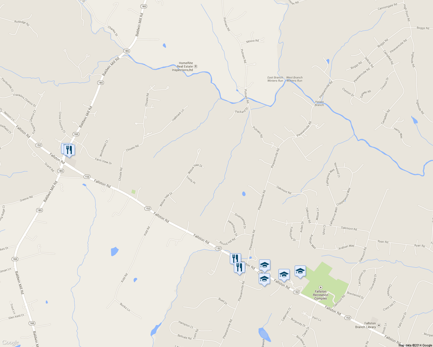 map of restaurants, bars, coffee shops, grocery stores, and more near 2301 Willow Vale Dr in Fallston