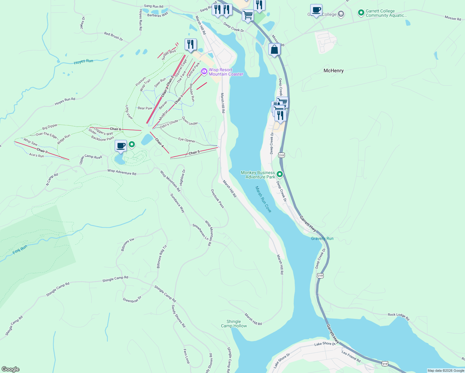map of restaurants, bars, coffee shops, grocery stores, and more near 1363 Marsh Hill Road in McHenry