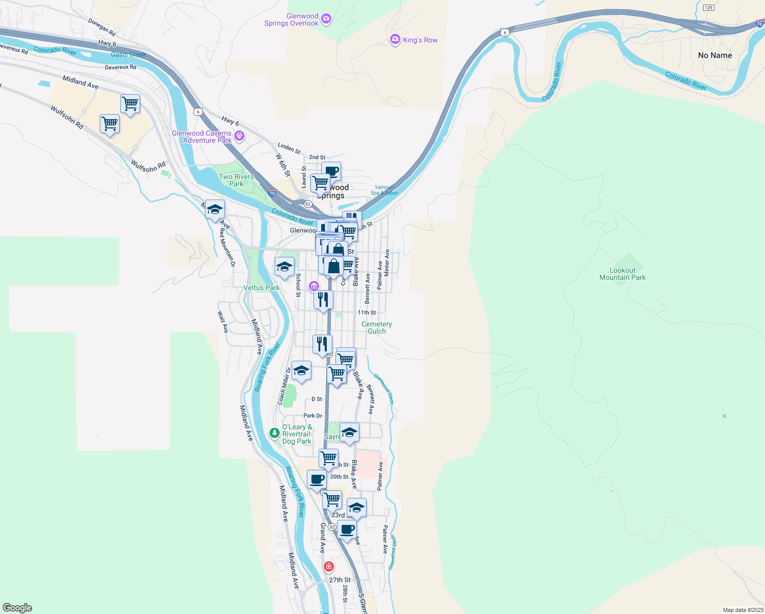 map of restaurants, bars, coffee shops, grocery stores, and more near 1026 Palmer Avenue in Glenwood Springs