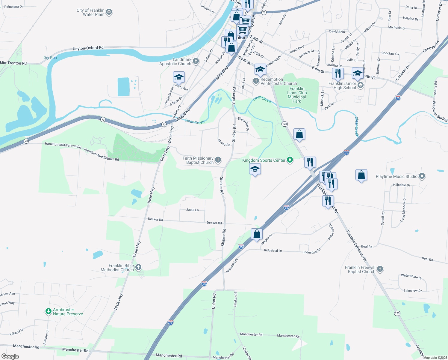map of restaurants, bars, coffee shops, grocery stores, and more near 6808 Shaker Road in Franklin