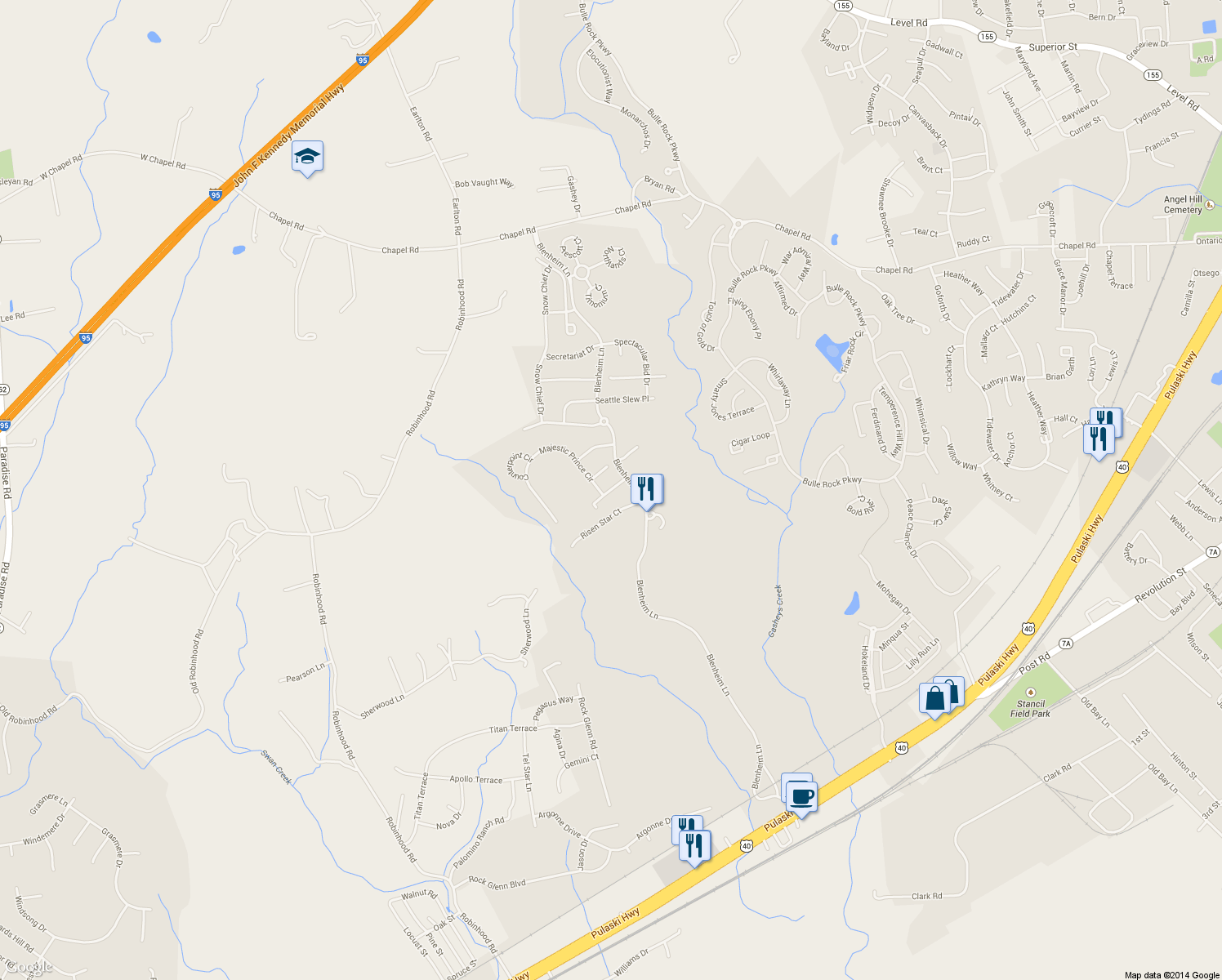 map of restaurants, bars, coffee shops, grocery stores, and more near 415 Granville Court in Havre de Grace