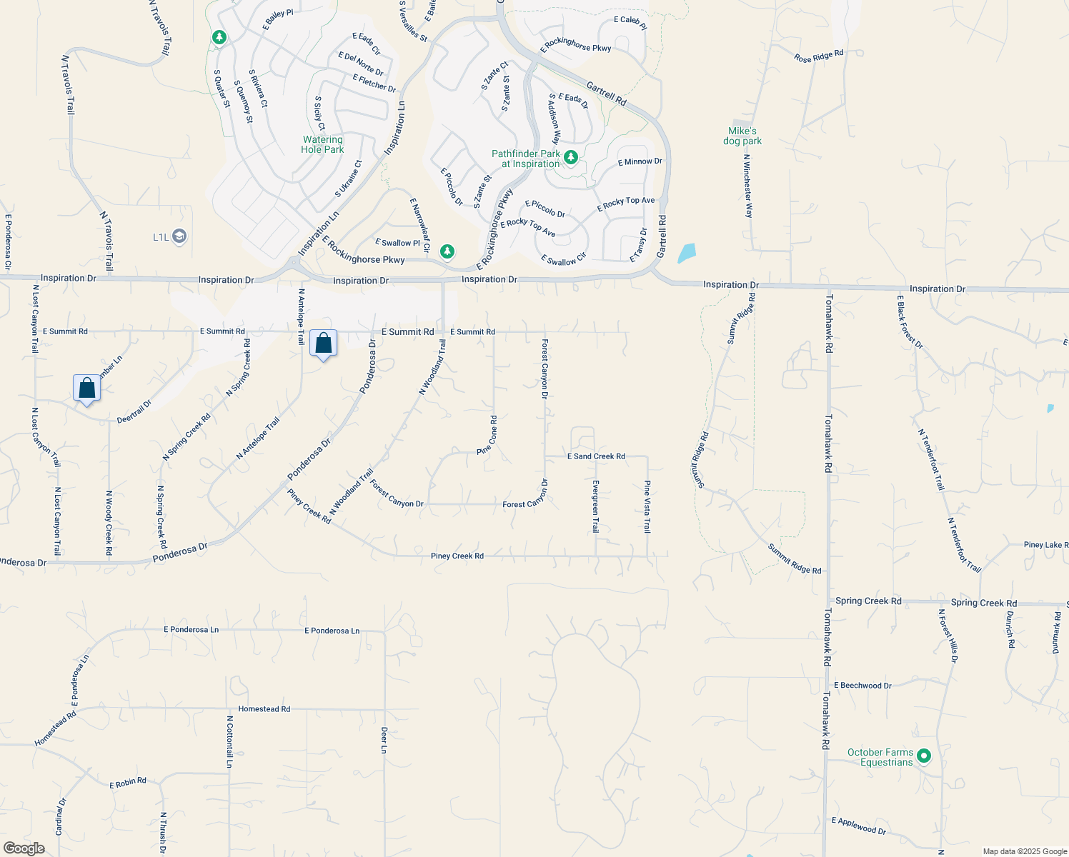 map of restaurants, bars, coffee shops, grocery stores, and more near 12731 Forest Canyon Drive in Parker