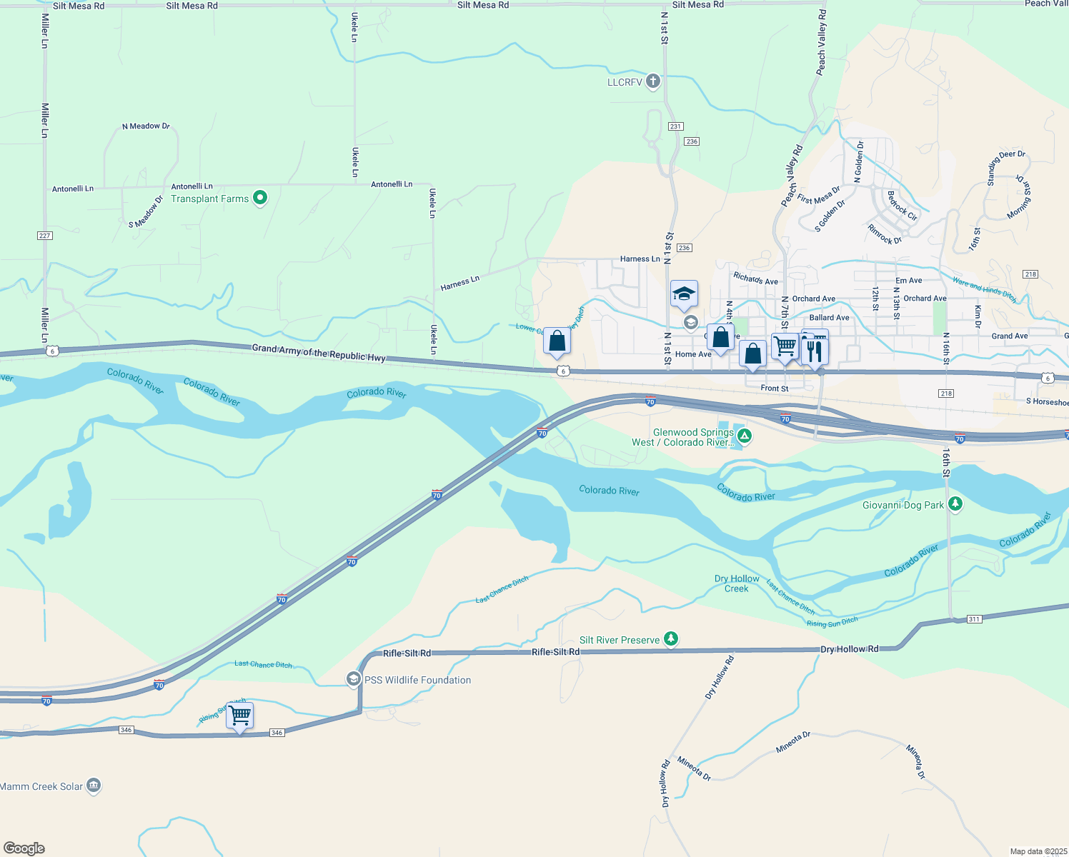 map of restaurants, bars, coffee shops, grocery stores, and more near Interstate 70 in Silt