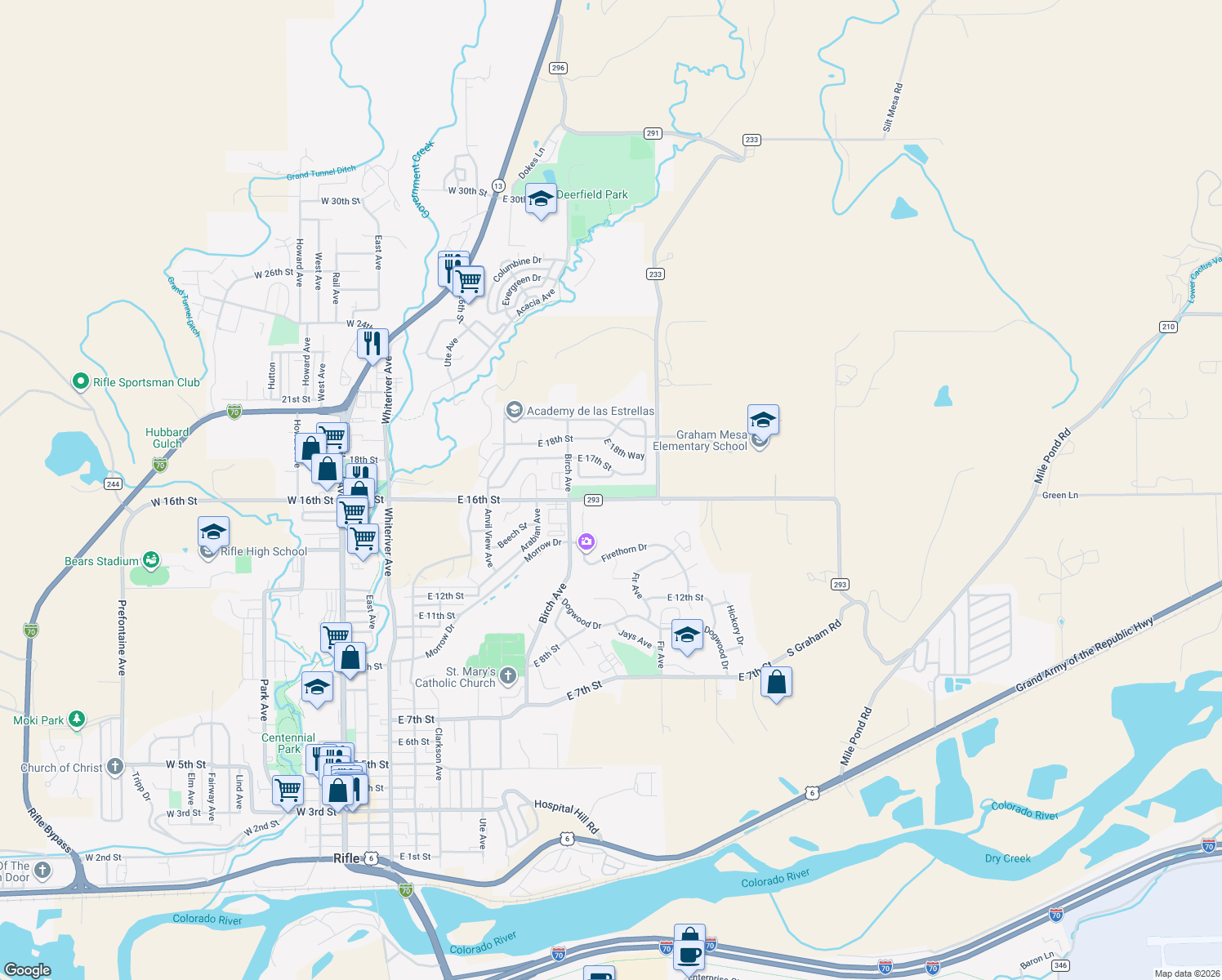 map of restaurants, bars, coffee shops, grocery stores, and more near 1100 E 16th St in Rifle