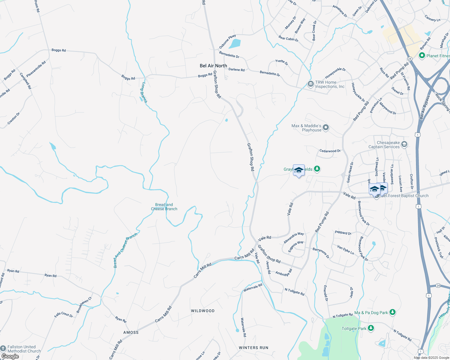 map of restaurants, bars, coffee shops, grocery stores, and more near 1205 Bear Hollow Court in Forest Hill