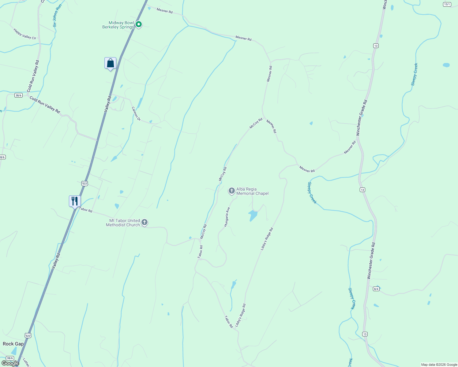 map of restaurants, bars, coffee shops, grocery stores, and more near Hungaria Avenue in Berkeley Springs