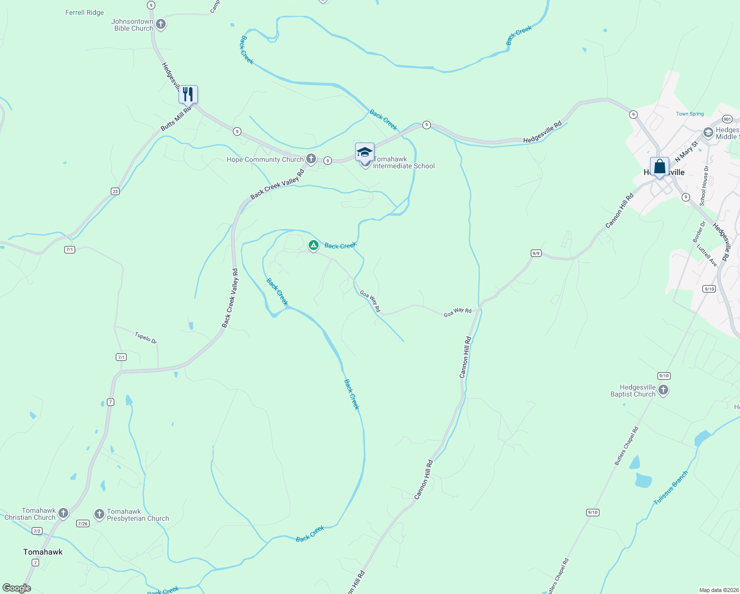 map of restaurants, bars, coffee shops, grocery stores, and more near 457 Goa Way Road in Hedgesville
