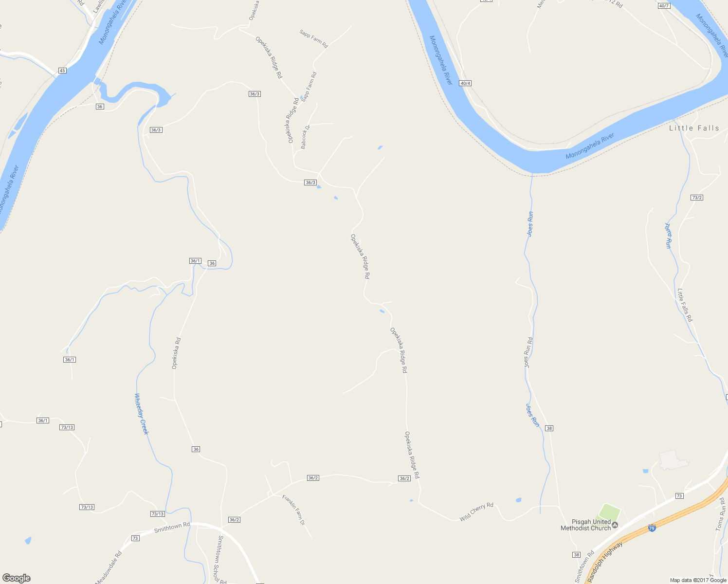 map of restaurants, bars, coffee shops, grocery stores, and more near Opekiska Ridge Road in Fairmont