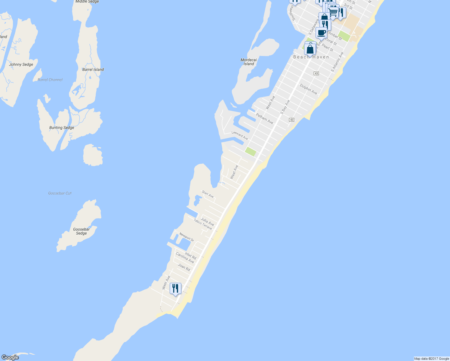 map of restaurants, bars, coffee shops, grocery stores, and more near 21 Webster Avenue in Long Beach Township
