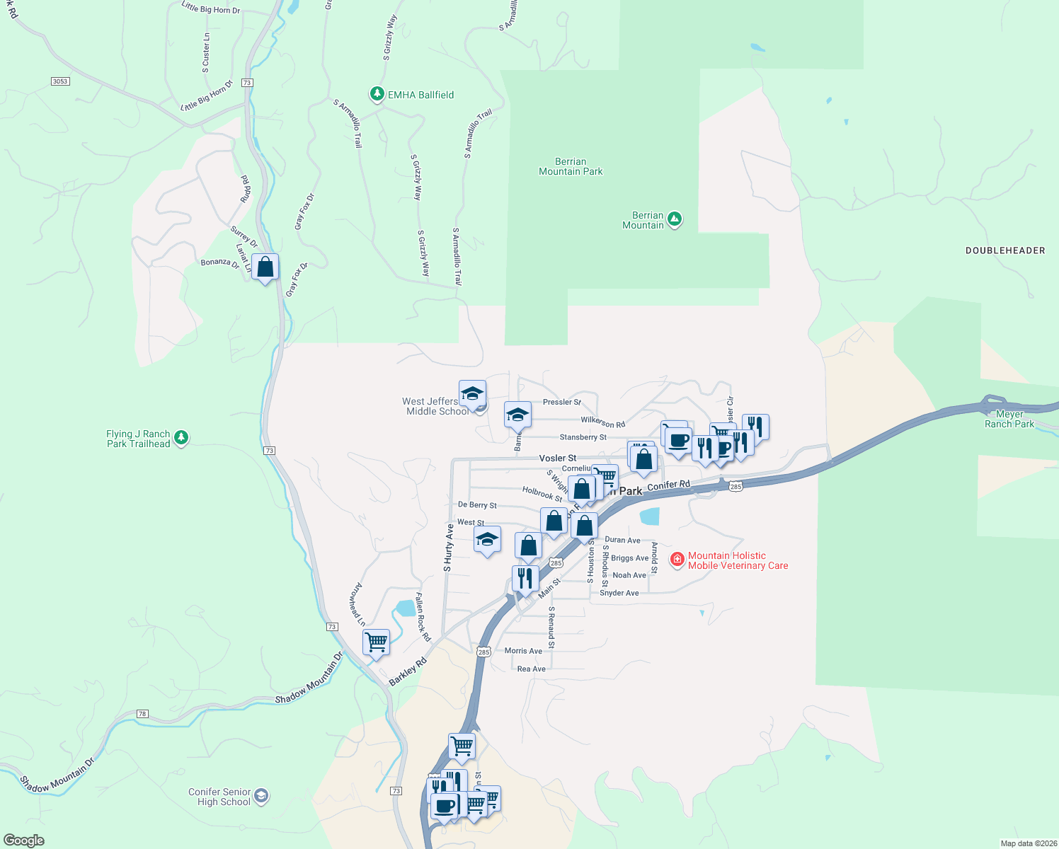 map of restaurants, bars, coffee shops, grocery stores, and more near 26336 Wilkerson Rd in Aspen Park