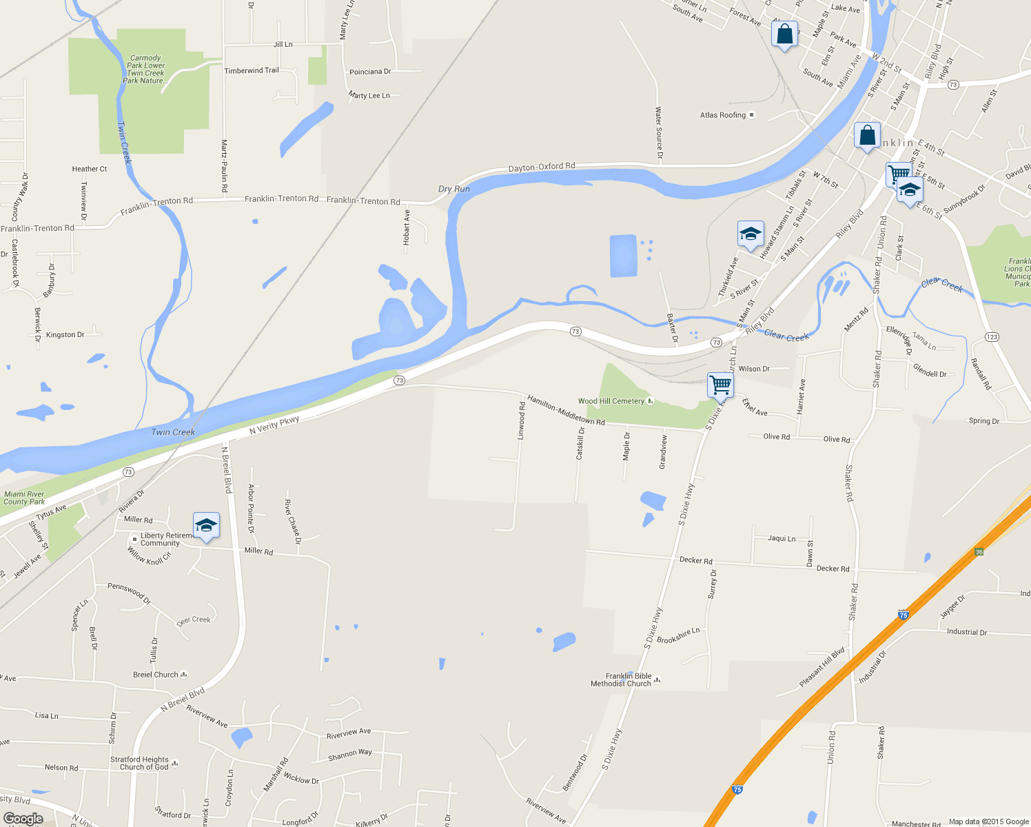 map of restaurants, bars, coffee shops, grocery stores, and more near 6931 Linwood Rd in Franklin