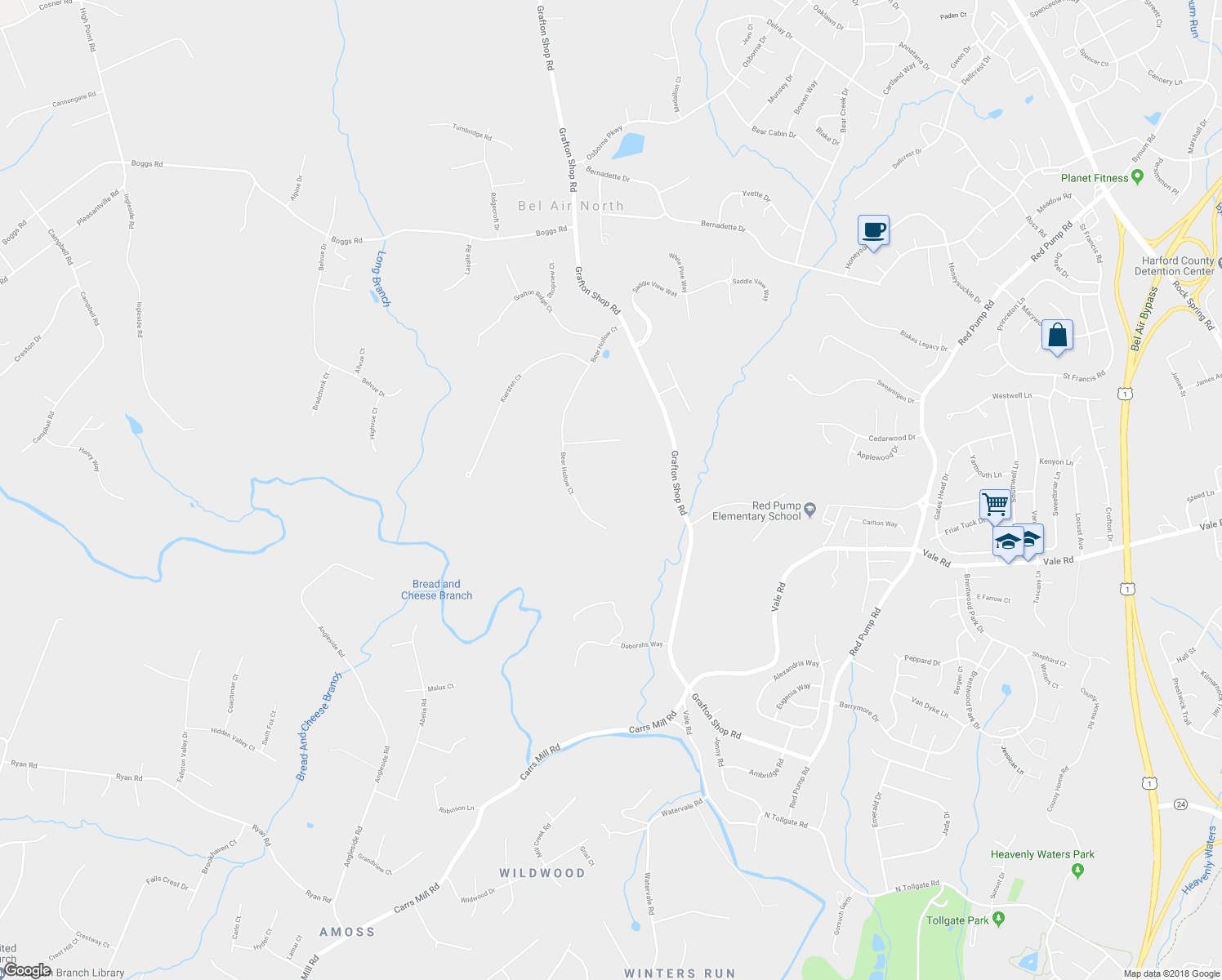 map of restaurants, bars, coffee shops, grocery stores, and more near 1209 Bear Hollow Court in Forest Hill